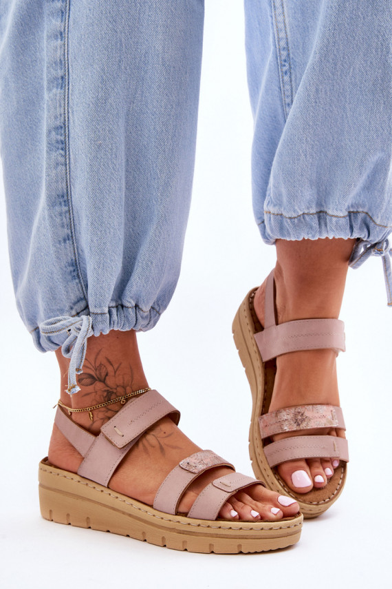Women's Leather Sandals With Velcro Pink Fresh Look