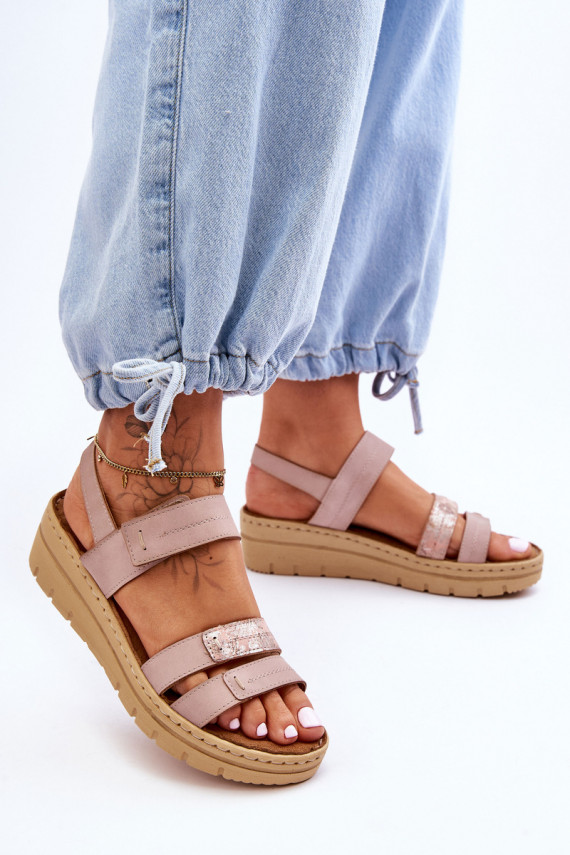 Women's Leather Sandals With Velcro Pink Fresh Look