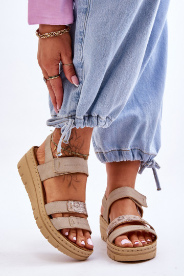 Women's Leather Sandals With Velcro Beige Fresh Look 2