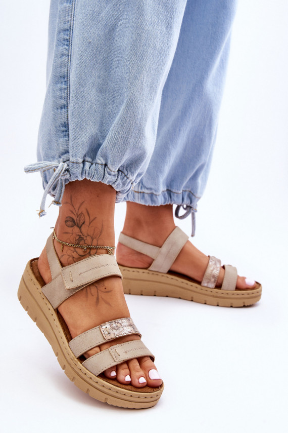 Women's Leather Sandals With Velcro Beige Fresh Look