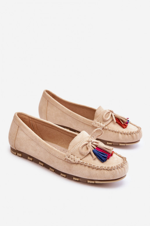 Suede Loafers With Bow And Fringes Beige Dorine