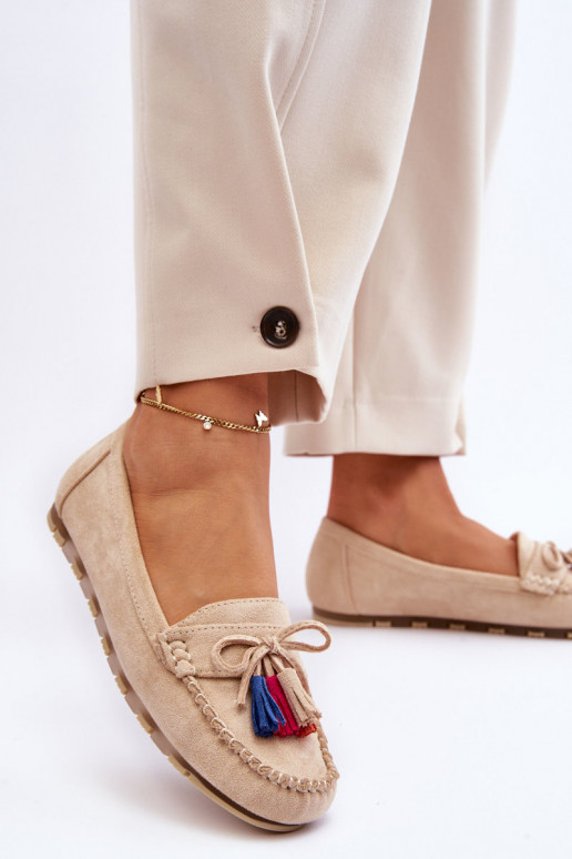 Suede Loafers With Bow And Fringes Beige Dorine