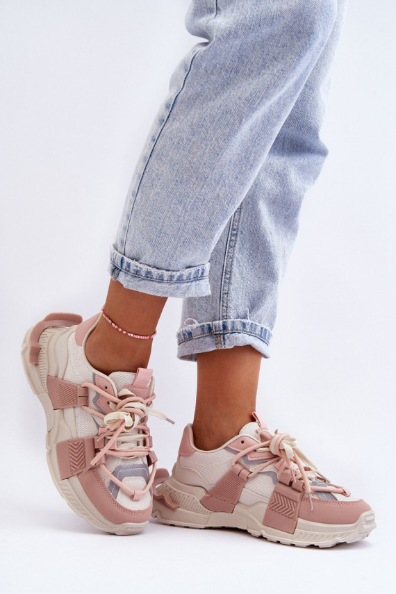 Women's Trendy Lace-up Sport Shoes Beige-Pink Chillout!