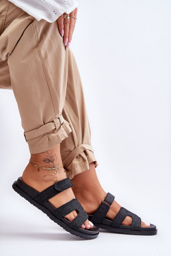 Women's Material Slippers with Velcro Black Jose