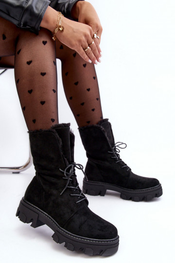 Suede Lace-Up Boots with Faux Fur Workery Black Frendo