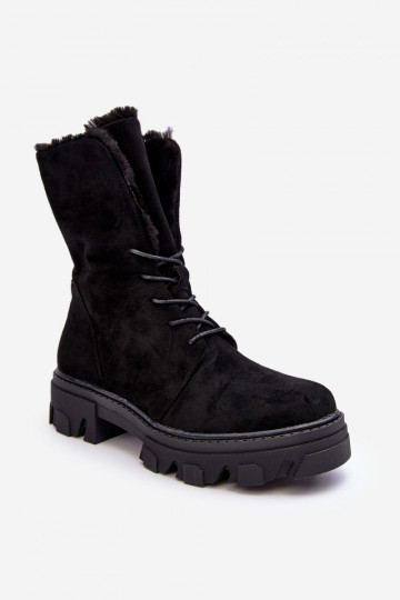 Suede Lace-Up Boots with Faux Fur Workery Black Frendo 2