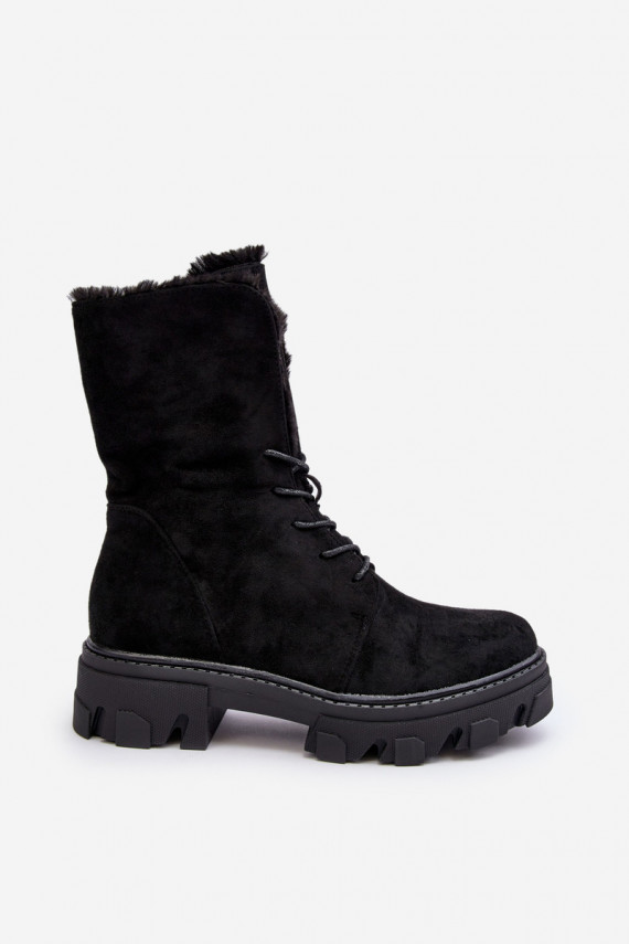 Suede Lace-Up Boots with Faux Fur Workery Black Frendo