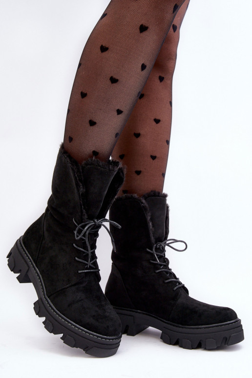 Suede Lace-Up Boots with Faux Fur Workery Black Frendo