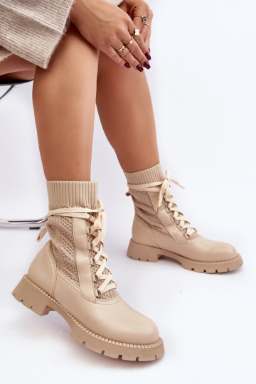 Women's lace-up ankle boots with sock in light beige Gentiana