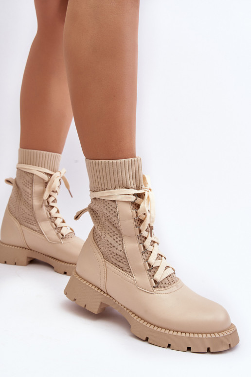 Women's lace-up ankle boots with sock in light beige Gentiana