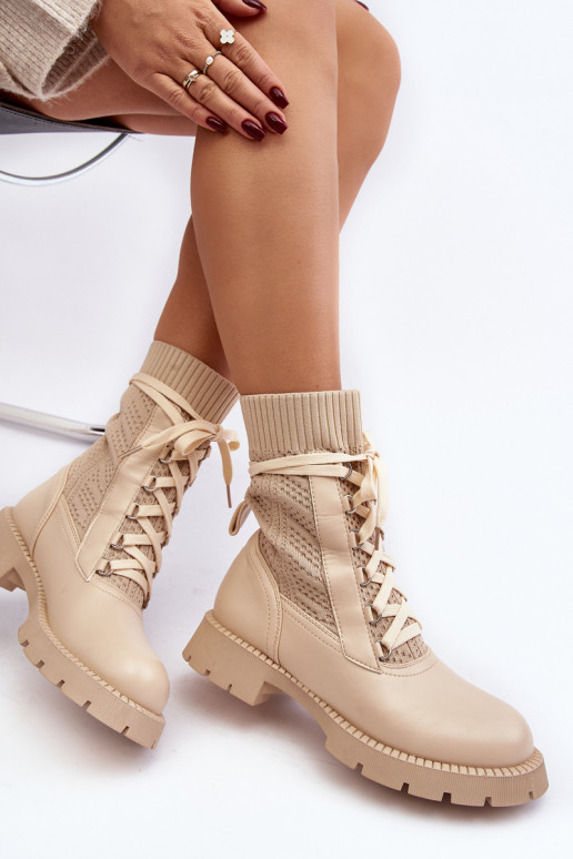 Women's lace-up ankle boots with sock in light beige Gentiana