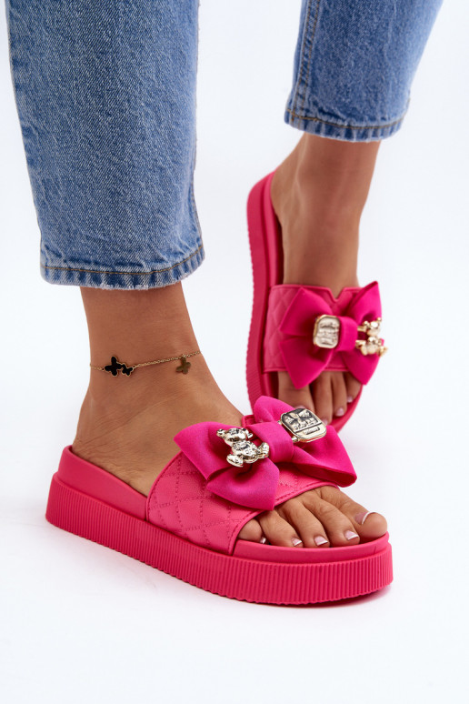 Women's Slippers with Bow and Decorative Teddy Bear Fuchsia Katerina