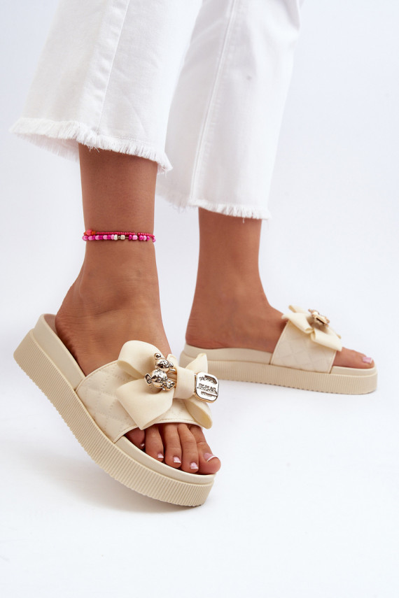 Women's Beige Slippers with Bow and Bear Katterina