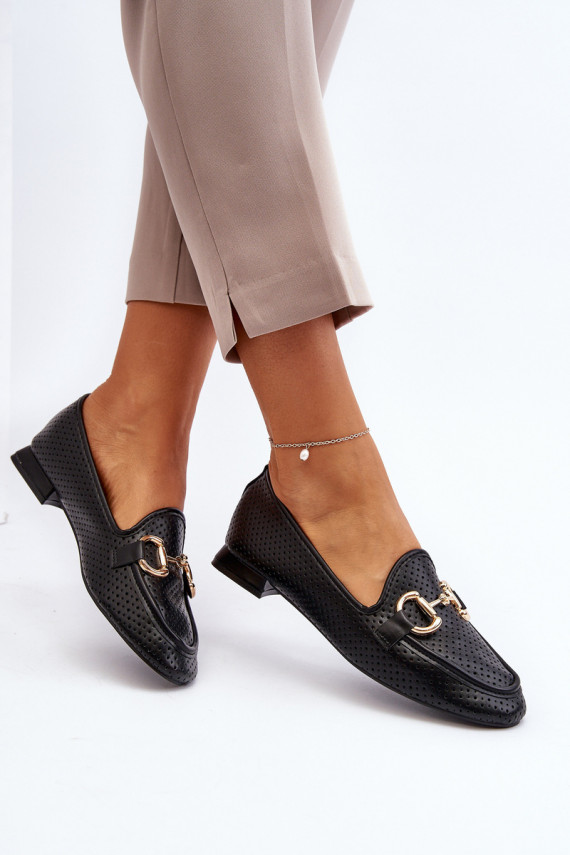 Women's Flat Heel Loafers with Black Decoration Iluvana
