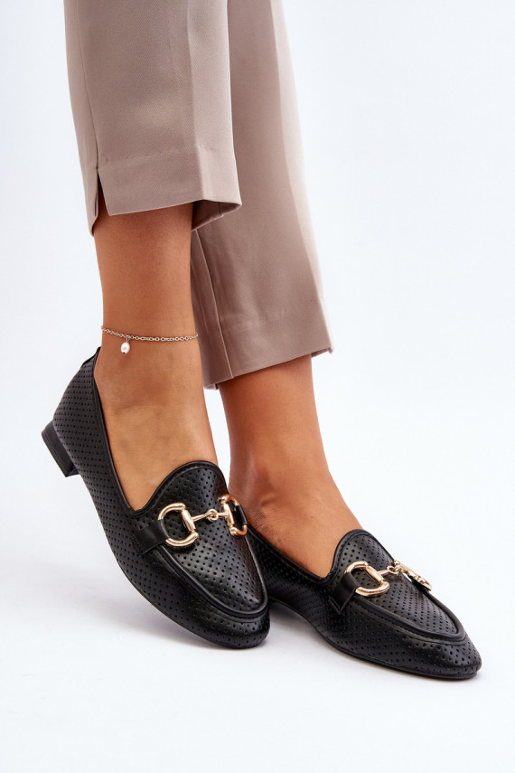 Women's Flat Heel Loafers with Black Decoration Iluvana