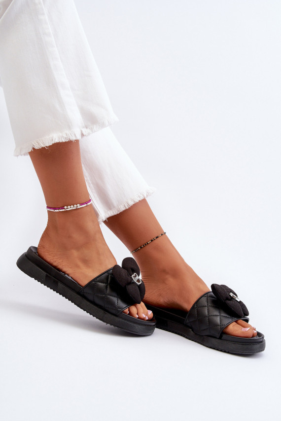 Women's Slides with Ornament on Low Platform Black Cedrella