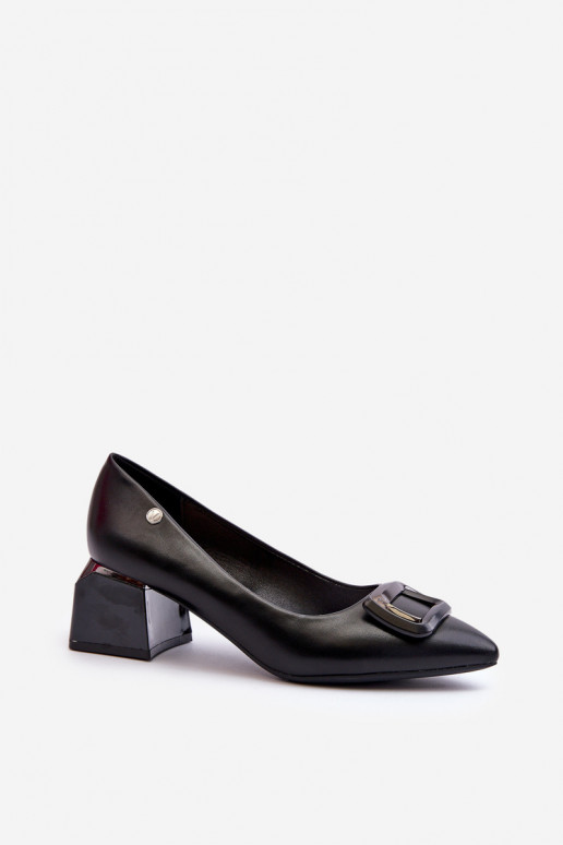 Black Faux Leather Court Shoes with Block Heel and Embellishment Sarala