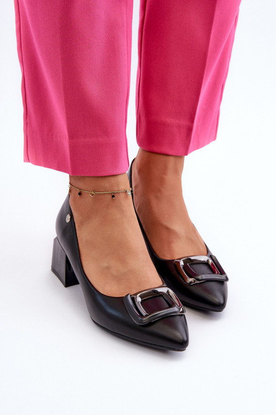 Black Faux Leather Court Shoes with Block Heel and Embellishment Sarala