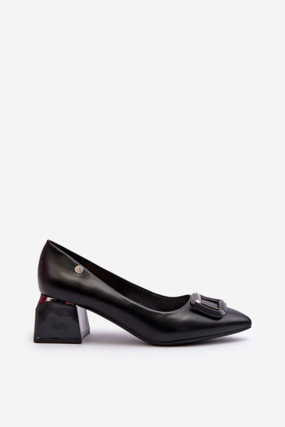 Black Faux Leather Court Shoes with Block Heel and Embellishment Sarala