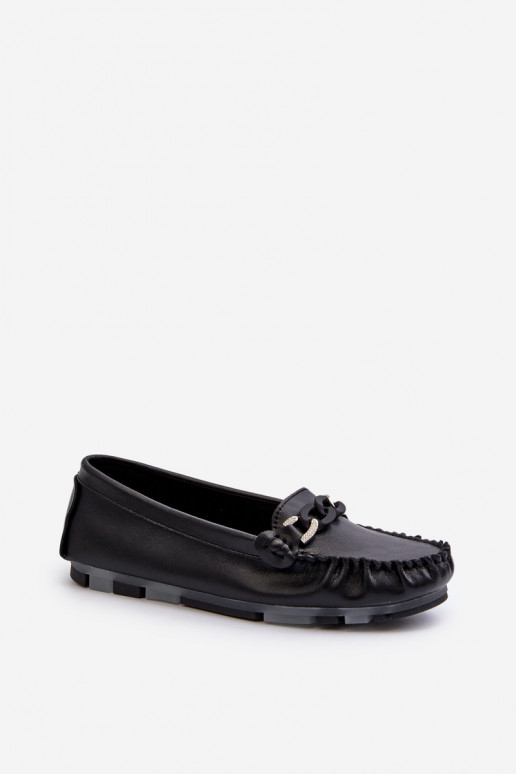 Women's Black Leather Moccasins with Ornament S.Barski LR339