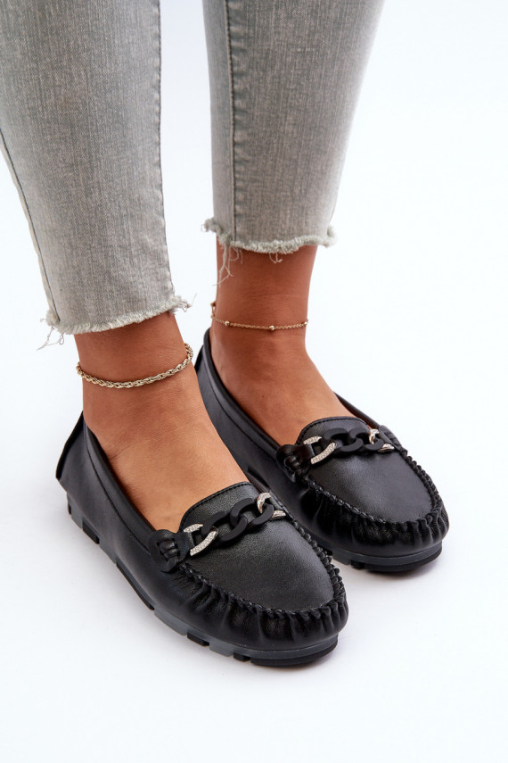 Women's Black Leather Moccasins with Ornament S.Barski LR339
