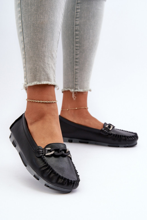 Women's Black Leather Moccasins with Ornament S.Barski LR339