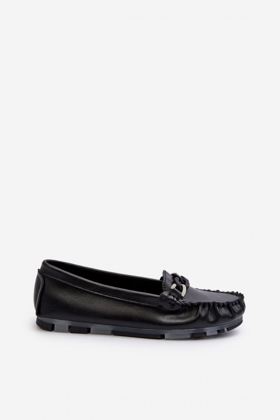 Women's Black Leather Moccasins with Ornament S.Barski LR339