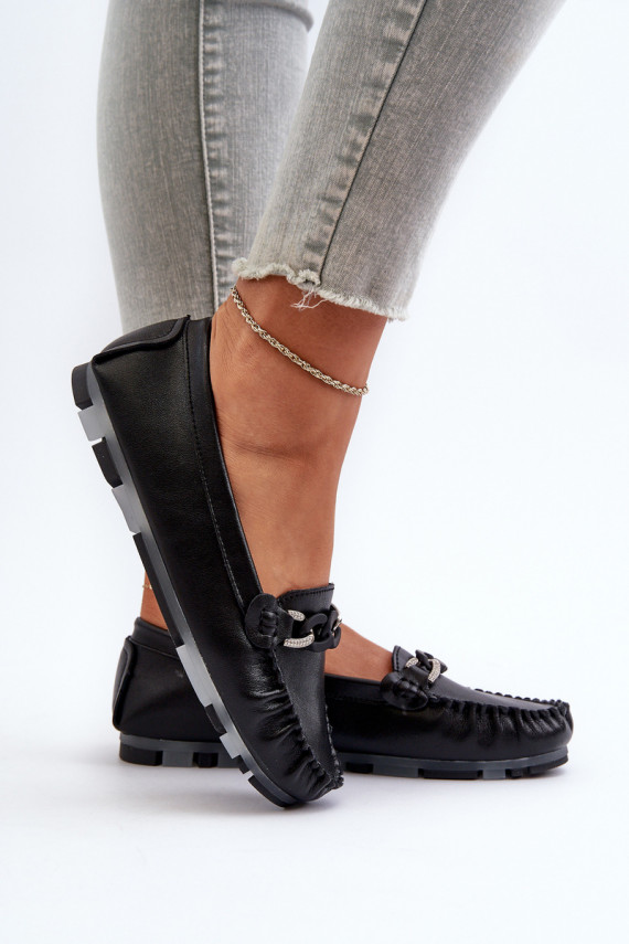 Women's Black Leather Moccasins with Ornament S.Barski LR339