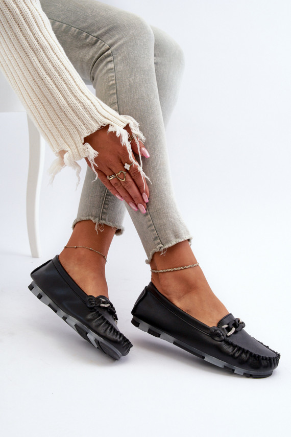 Women's Black Leather Moccasins with Ornament S.Barski LR339