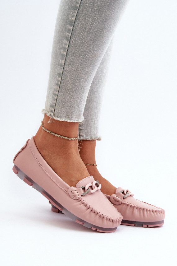 Women's Leather Moccasins with Pink Ornament S.Barski LR339