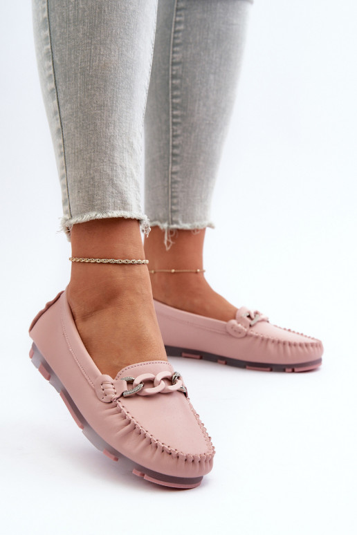 Women's Leather Moccasins with Pink Ornament S.Barski LR339