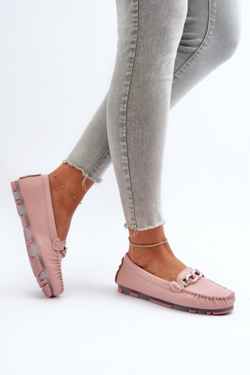 Women's Leather Moccasins with Pink Ornament S.Barski LR339