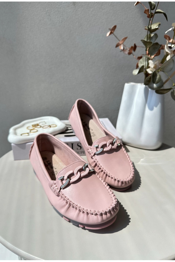 Women's Leather Moccasins with Pink Ornament S.Barski LR339