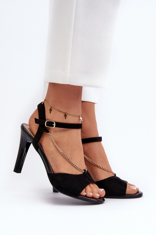 Women's High Heel Eco Suede Sandals with Chain Sergio Leone SK925 Black