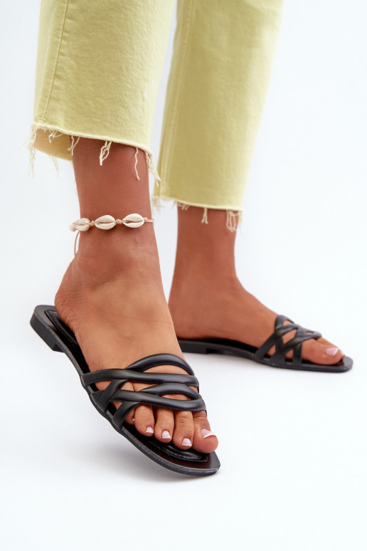 Women's Eco Leather Flat Heel Black Sandals Moldela
