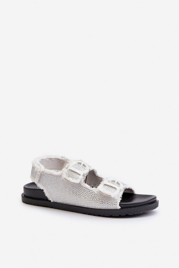 Women's White Embellished Denim Sandals Irmale