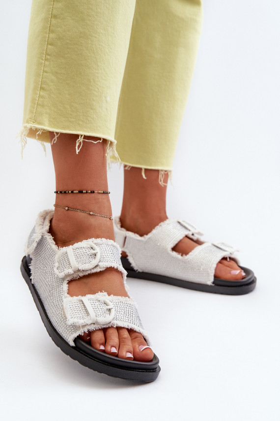 Women's White Embellished Denim Sandals Irmale