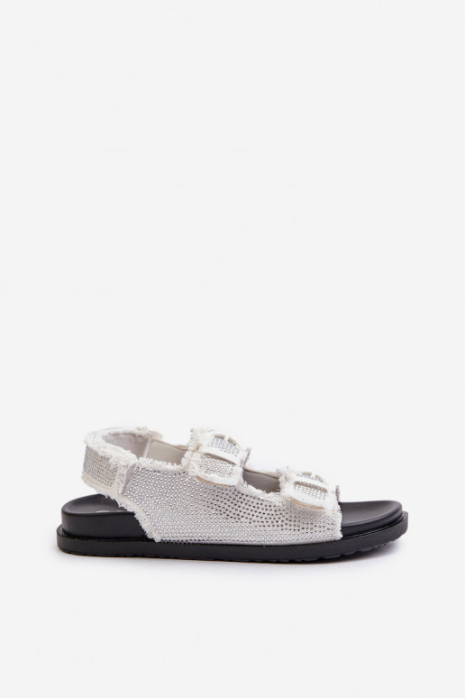 Women's White Embellished Denim Sandals Irmale