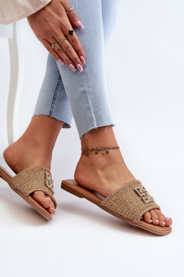 Flat Women's Slippers with Weave and Decoration Beige Omenna 2