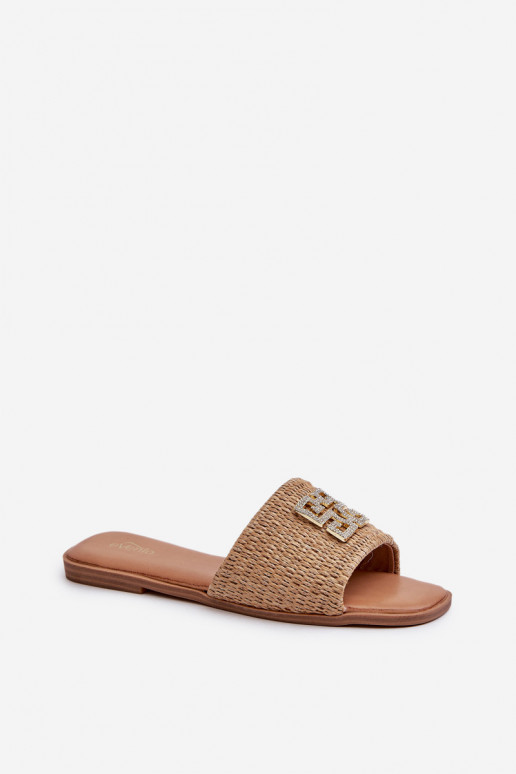 Flat Women's Slippers with Weave and Decoration Beige Omenna