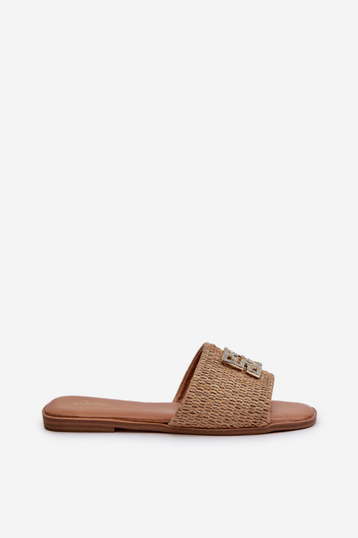 Flat Women's Slippers with Weave and Decoration Beige Omenna