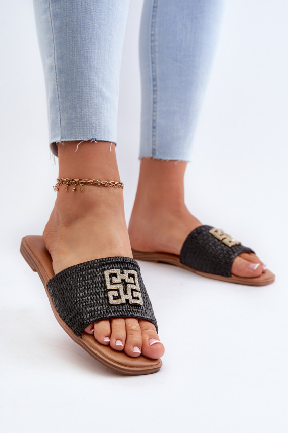 Flat Women's Sandals with Weave and Decoration Black Omenna