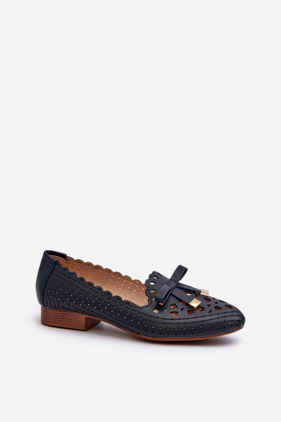 Women's Navy Blue Cutout Ballerina Flats with Bow Nestavia