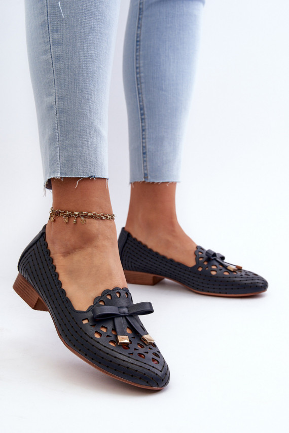 Women's Navy Blue Cutout Ballerina Flats with Bow Nestavia