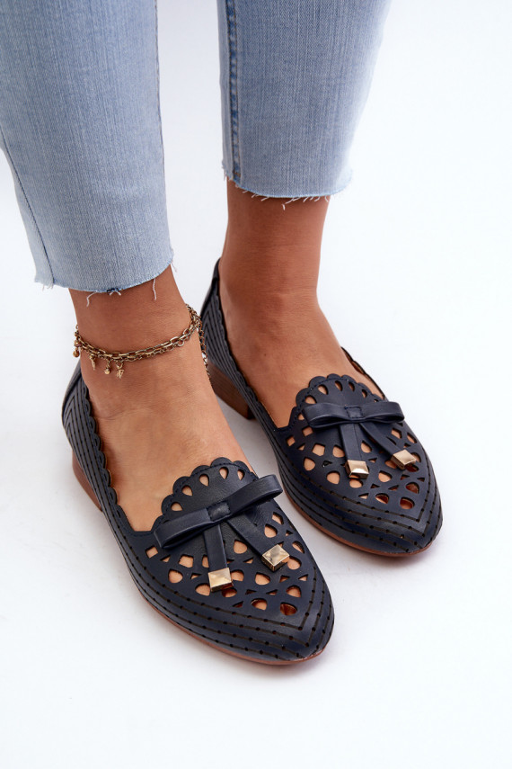 Women's Navy Blue Cutout Ballerina Flats with Bow Nestavia