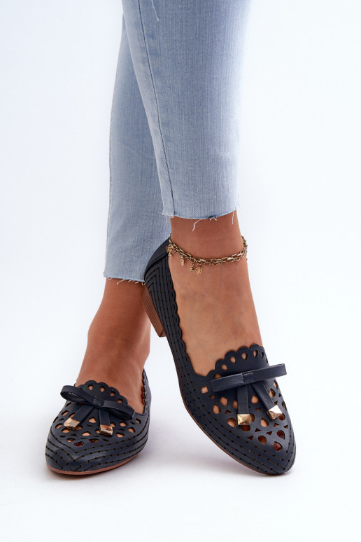 Women's Navy Blue Cutout Ballerina Flats with Bow Nestavia