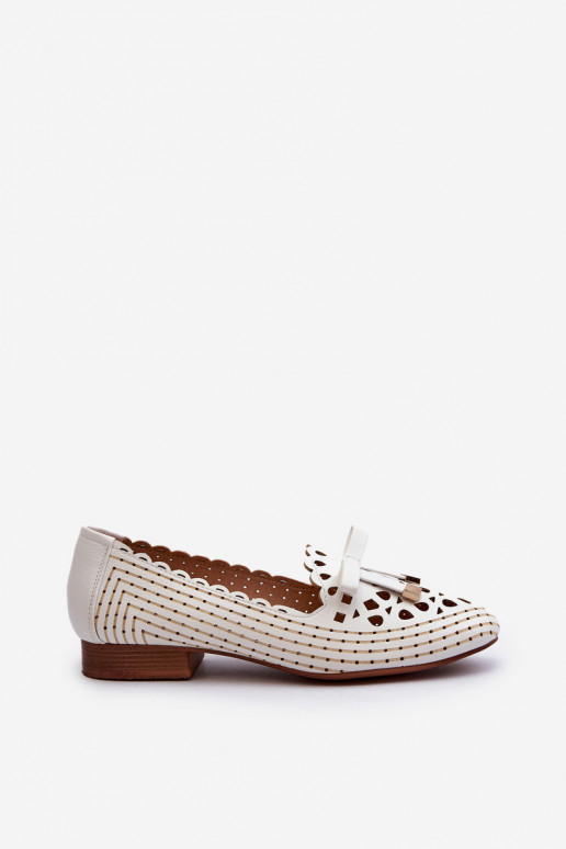 White Women's Cutout Ballerina Flats with Bow Nestavia