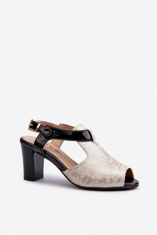 Women's sandals with a heel made of eco-leather in gold-black Queenmarie