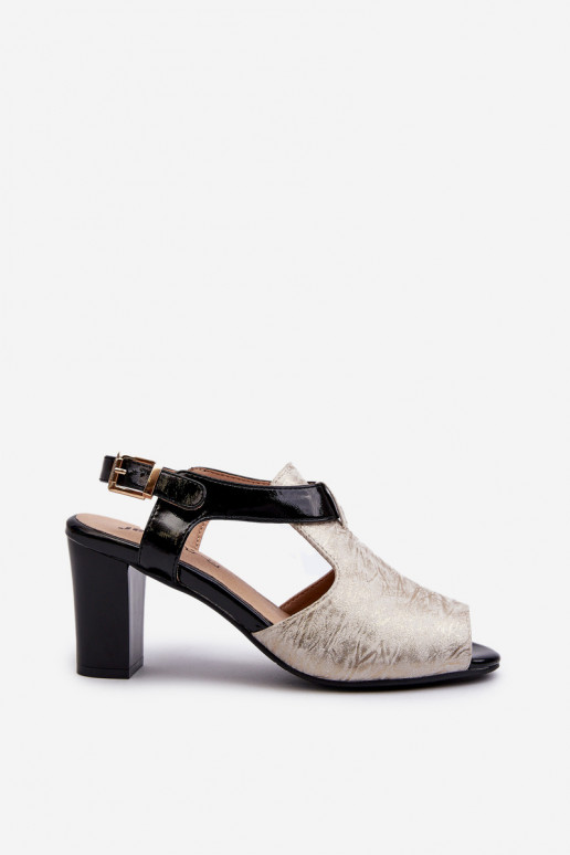 Women's sandals with a heel made of eco-leather in gold-black Queenmarie