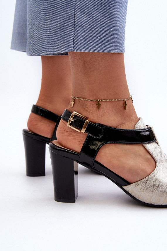 Women's sandals with a heel made of eco-leather in gold-black Queenmarie